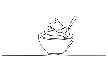 Whipped cream in a bowl in continuous one line art style. Simple vector illustration. one line Icon drawing with white background