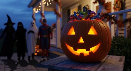 Carved pumpkin with candy illuminated stands on a wooden table Halloween costumes on porch