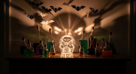 Lit skull surrounded by potion bottles with bat decorations casting shadows on a wall