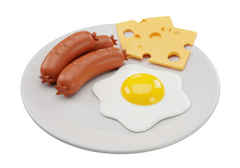 Isolated delicious breakfast plate with fried egg two sausages and two slices of Swiss cheese morning meal food concept