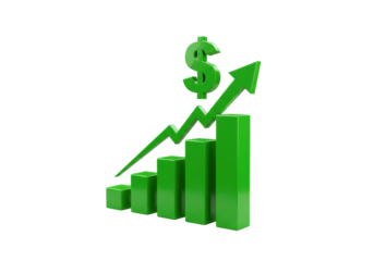 Isolated green dollar sign and upward trending arrow with growing bar chart representing financial success economic growth investment profit increase market trend business development