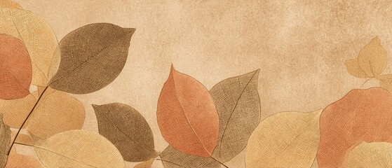 Abstract watercolor background featu soft earthy tones of brown beige and orange with delicate leaf shapes for design