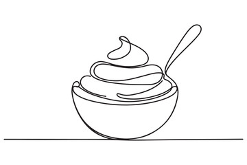 Whipped cream in a bowl in continuous one line art style. Simple vector illustration. one line Icon drawing with white background