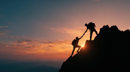Spontaneous teamwork at sunset on a mountain peak with silhouettes