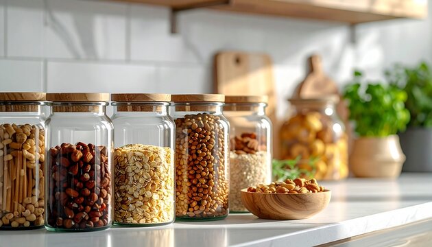 A variety of dry food ingredients neatly arranged in glass jars on a kitchen counter, showcasing healthy pantry staples