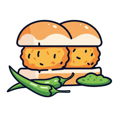 Delicious indian vada pav street food snack with green chilies and chutney isolated on transparent background