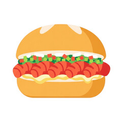 Deliciously topped hot dog in a bun with chopped vegetables isolated on transparent background