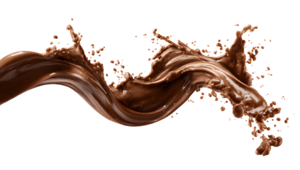 Chocolate splash swirl isolated on transparent background, dynamic realistic liquid brown wave for dessert, food design, and creative packaging

