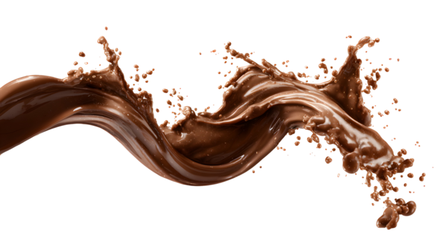Chocolate splash swirl isolated on transparent background, dynamic realistic liquid brown wave for dessert, food design, and creative packaging

