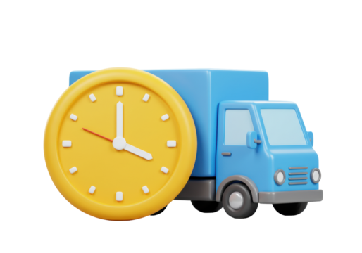 Isolated blue delivery truck with a large yellow clock symbolizing fast shipping express service and efficient logistics management for timely package transportation