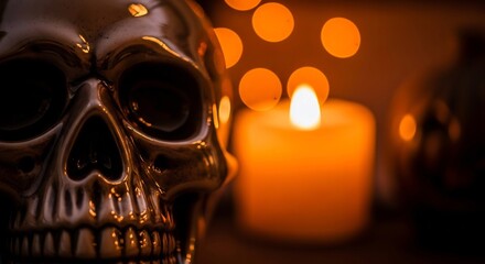Skull foreground outoffocus candle  lights create eerie ambiance