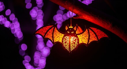 Batshaped lantern hangs against a bokehlit dark backdrop