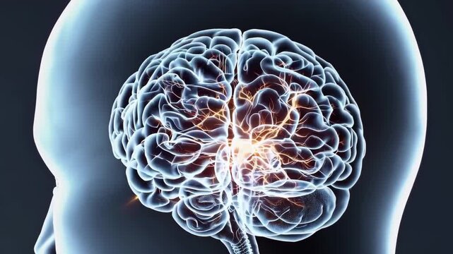 Human head with brain glowing, neural connections visible in cinematic close-up.