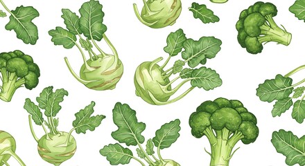Watercolor kohlrabi and broccoli seamless pattern design on white background
