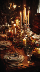Naklejka premium Holiday Festive Dining Table with Christmas Candles and Seasonal Decorations