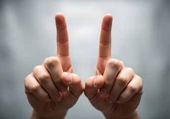 Pair of hands displaying upward pointing index fingers in a gesture of assertion or indication against a light neutral