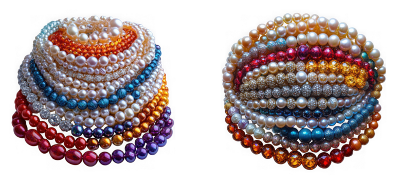 A collection of pearl necklaces in various colors and sizes, arranged in a circular pattern, isolated on transparent background
