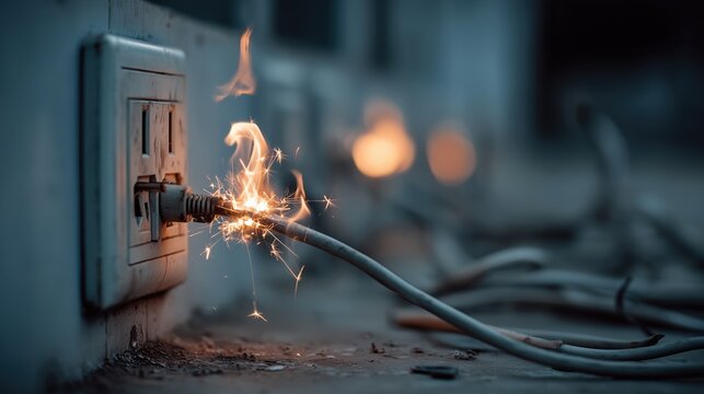 Close-up of electric cable sparking in outlet, symbolizing fire hazard and electrical safety risk. Concept of danger, energy, prevention, and household accident