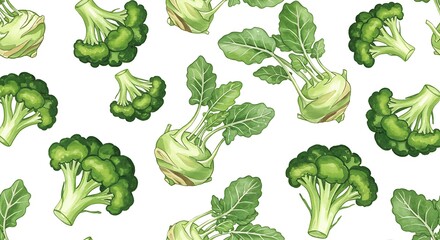 Watercolor kohlrabi and broccoli pattern on white background for healthy eating concepts