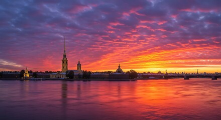 Fototapeta premium Sunset over cityscape with colorful sky and water reflection