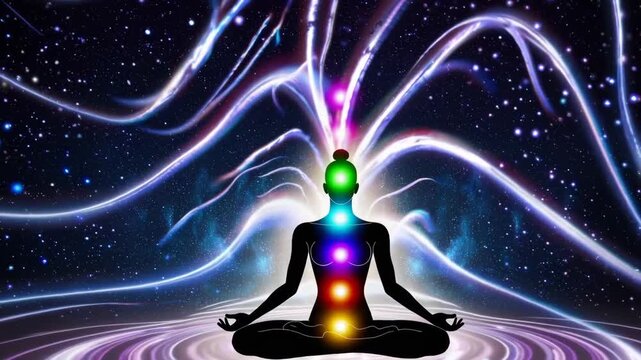 Abstract silhouette in meditation with glowing chakra energy, symbolizing spiritual healing.