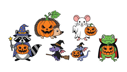 Spooky Creatures: Cute and spooky illustrations of Halloween animals, featuring a wizard raccoon, a pumpkin hedgehog, a ghost mouse, a vampire frog, a dragon, all celebrating spooky festival.
