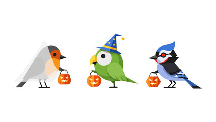 Halloween Bird Party: Three adorable birds dressed in festive Halloween costumes, each carrying a jack-o'-lantern treat bucket, ready for a night of spooky fun.