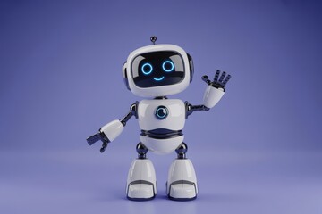 Fototapeta premium Cute robot, friendly bot, white android, smiling machine