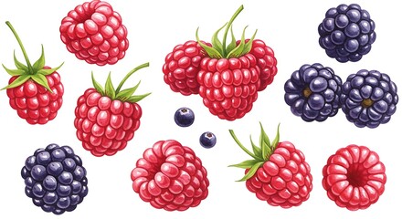 Vibrant berries illustration raspberries and blackberries on white background