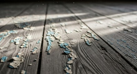 Naklejka premium Old wooden floor with peeling blue paint, angled sunlight