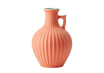 Isolated peach-colored ceramic pitcher or vase with vertical ribs, elegant design, and handle