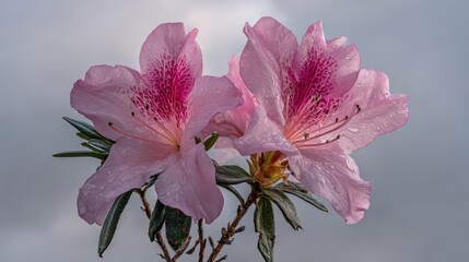 Close-up of a Pink Azalea Flower with Water Droplets on Petals and Green Background, Beautiful and Detailed Botanical Image