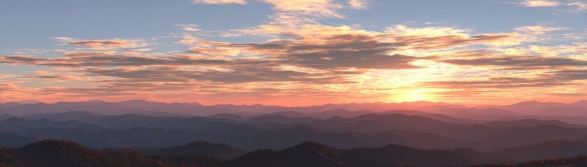Fototapeta premium Stunning panoramic view of a vibrant sunset over layered mountain ranges with colorful sky and dramatic clouds in a peaceful natural landscape