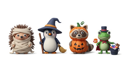 Halloween Costume Parade: A quartet of adorable characters, a hedgehog in mummy attire, a penguin as a witch, a raccoon as a pumpkin, and a frog in festive apparel, are set against a clean background.