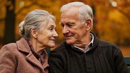 Elderly woman and elderly man in a park, autumn day. Wisdom. Love. Concept for International Day of Older Persons