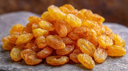 A large pile of golden raisins sits on a textured stone surface. Their sweet chewy appearance suggests they are perfect for snacking or adding to various dishes.