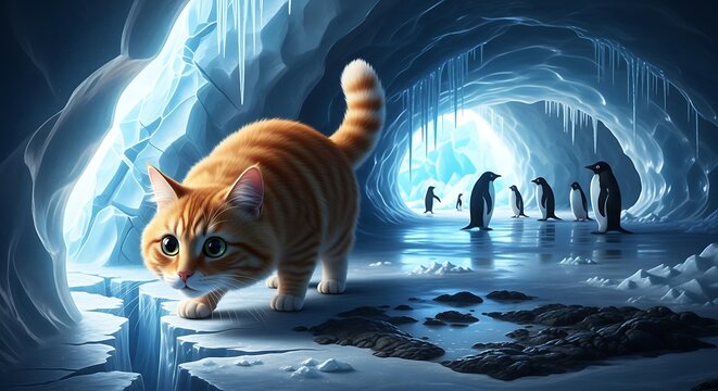 Curious Cat Explores Icy Antarctic Cave with Penguins.