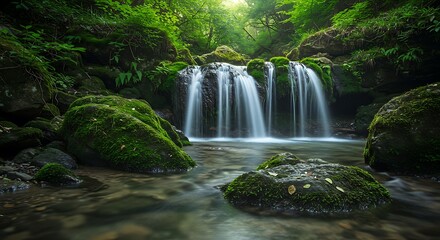 Tranquil waterfall flowing into a serene stream surrounded by lush greenery
