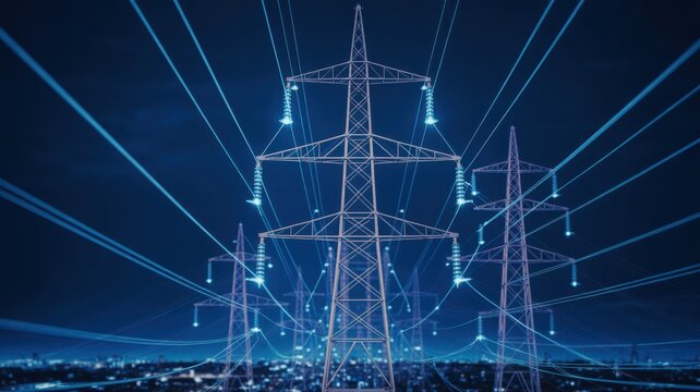 Electricity pylons with glowing lines power grid infrastructure energy concept