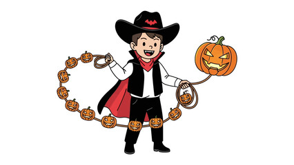 Spooky Halloween Cowboy: A playful illustration features a costumed figure with a cowboy hat, cape, and a ring of mini pumpkins holding the big pumpkin.