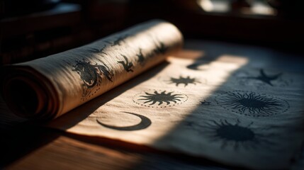 Vintage parchment with celestial motifs creating a mystical and historical ambiance.