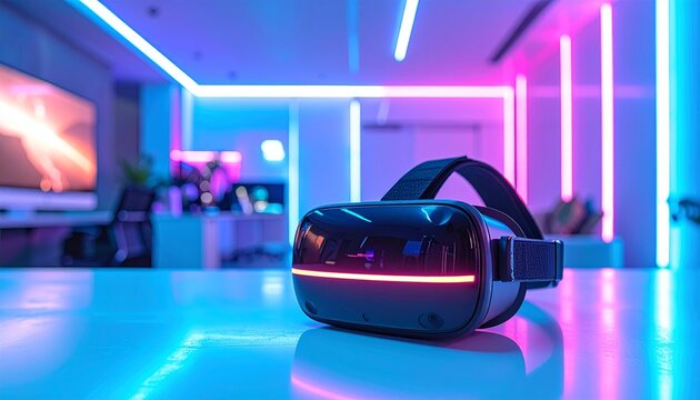 Virtual Reality Headset on Futuristic Table Immersive Tech Experience