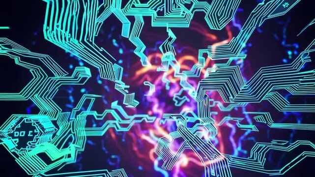 Futuristic digital interface with glowing code and data visualization against blurred colorful background.