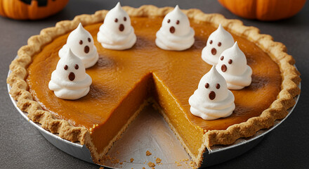 Pumpkin pie decorated with whipped cream ghosts