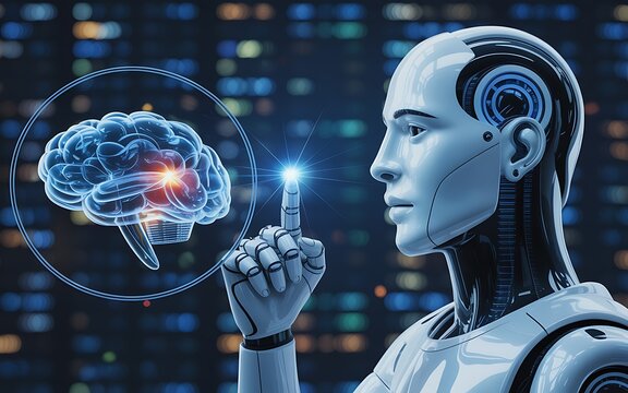 A futuristic ai robot interacting with a digital human brain concept showing artificial intelligence and its technological advancements
