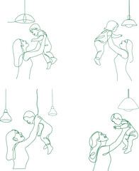 Fototapeta premium Mother holding her baby up in the air under a light fixture Continuous line drawing