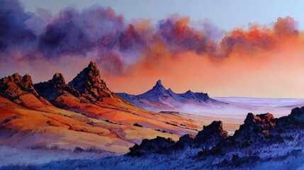 Colorful Mountain Sunset Landscape Painting