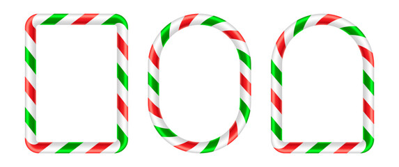 Set of frames with a realistic, glossy candy cane stripe pattern. This festive collection of red, green, and white holiday borders includes a rectangle, an oval, and an arched frame