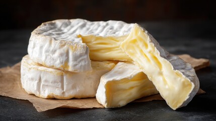 Three rounds of creamy brie cheese are displayed on a piece of brown parchment. The soft texture reveals rich flavors perfect for cheese boards and pairing with wine.