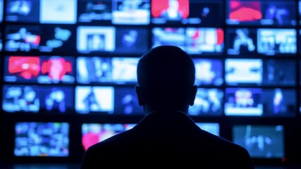 A silhouetted figure gazes at a wall of numerous screens displaying vivid, dynamic images - Powered by Adobe